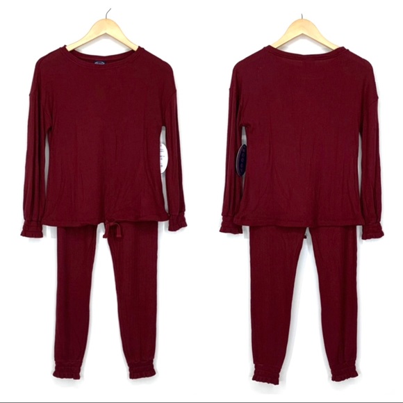 Scoop Maroon Red Cozy Soft Ribbed Pajama Set Shirt & High Waisted Jogger New Nwt - Picture 1 of 16